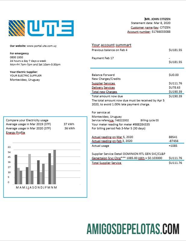 Conta de eletricidade da UTE do Uruguai em formato Word exemplo real